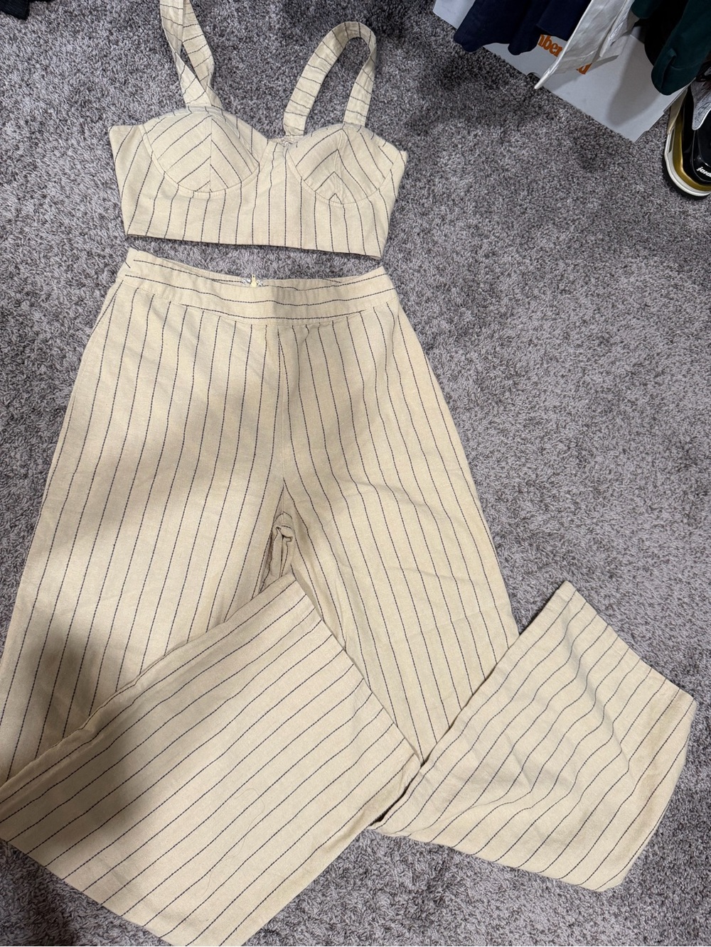 Windsor Cream Two-Piece Pinstripe Wide-Leg Pants & Crop Top